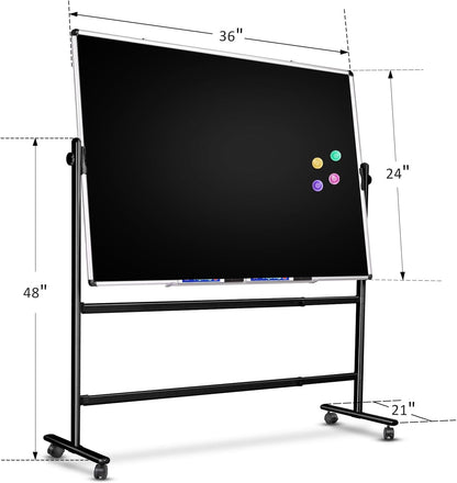 Mobile Dry Erase Blackboard 36 x 24, Magnetic Portable Black Dry Erase Board with Stand, Rolling Double Sided Chalkboard with Wheels - Easel Standing Black Board for Office, School & Home