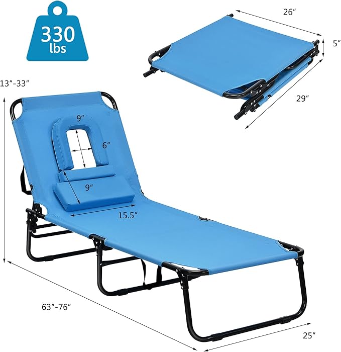 Folding Beach Lounge Chair w/ 5 Adjutable Backrest & Padded Pillow, Sunbathing