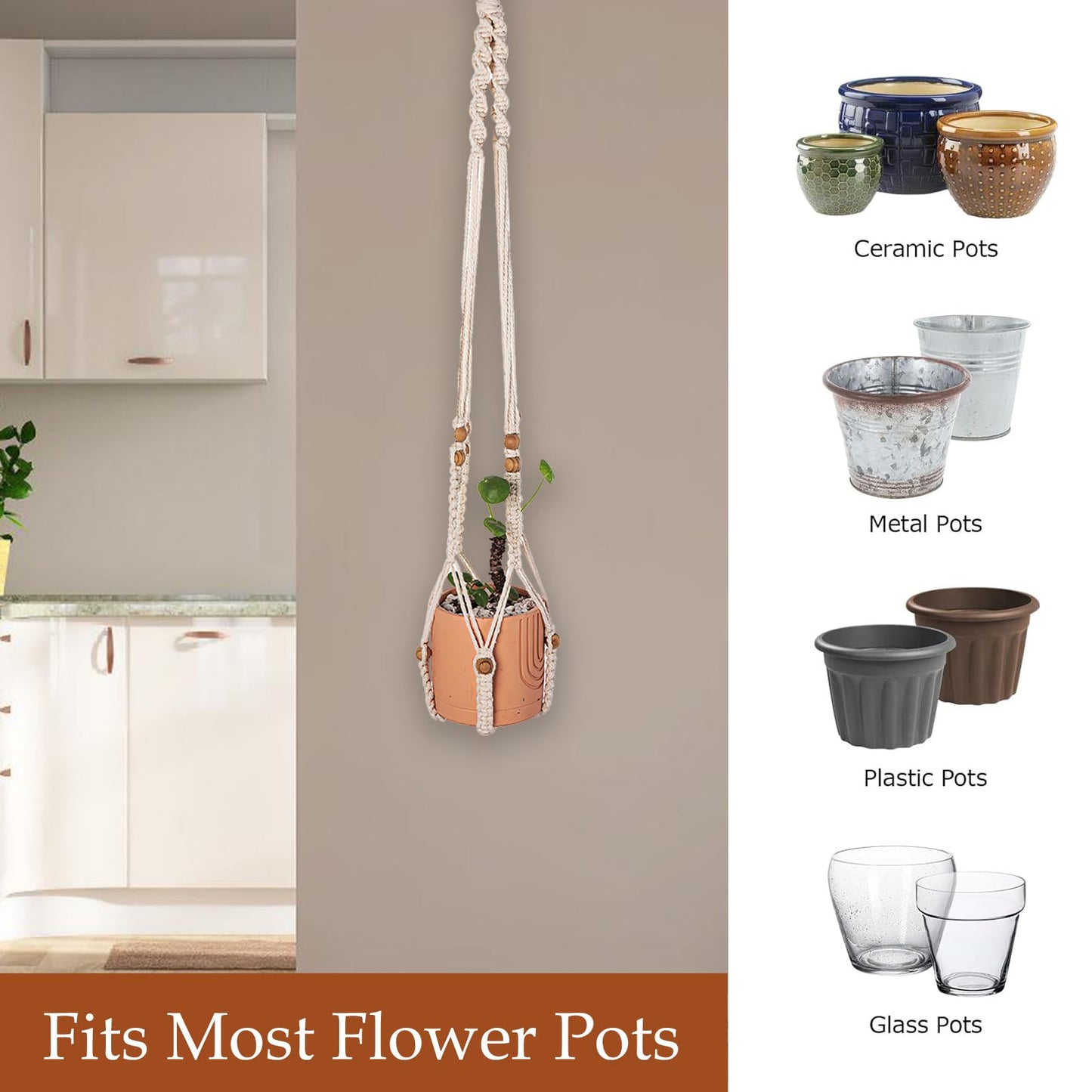 Beciway 2-Pack Macrame Plant Hangers with Wood Beads – 34 Inch White Hanging Planters, Boho Indoor Outdoor Flower Pot Holders, No Tassels (Pots Not Included)