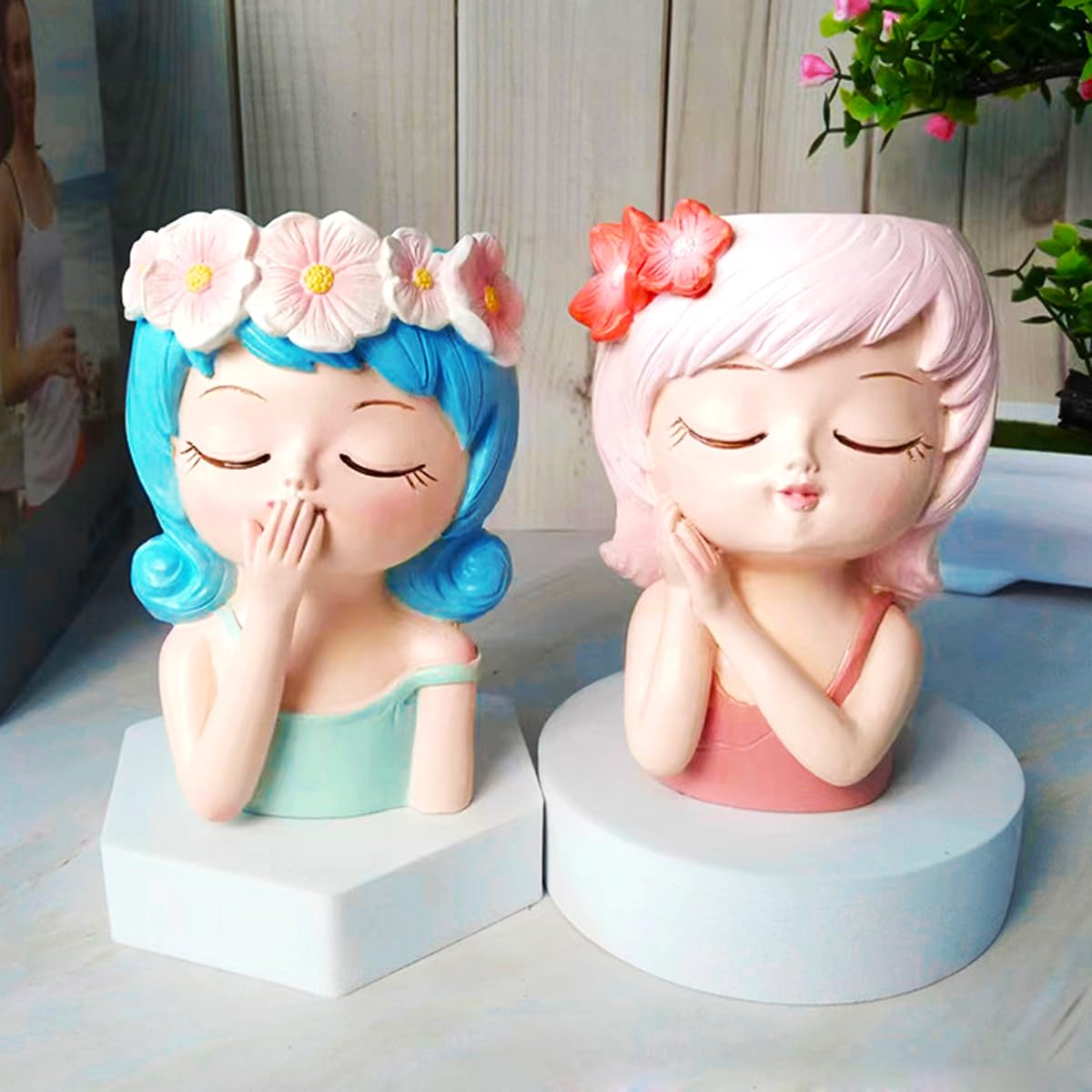 Cute Head Planter Pot Resin Succulent Planter Little Girl Flower Pot, Human Face Cactus Plants Container Bonsai Holder Thumb Pot Fairy Figurine Statue Planters with Drainage Decor Gift (Pink)