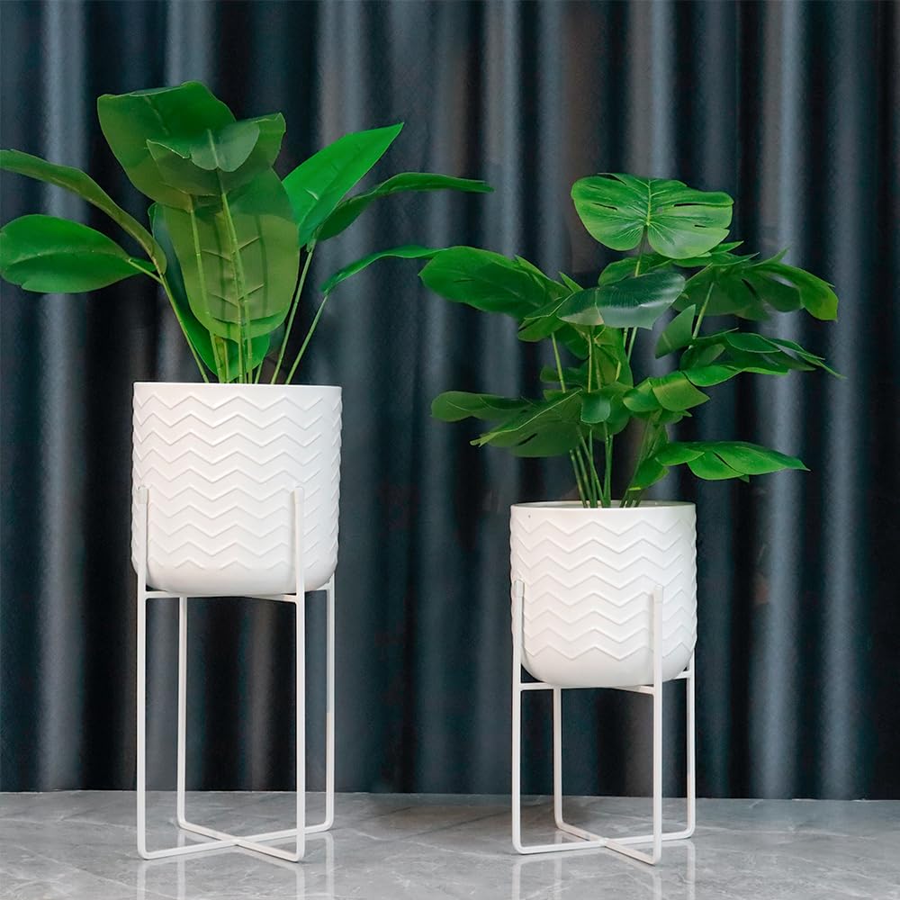 TRIROCKS Set of 2 Planters with Stand Indoor Otdoor Metal Plant Stand 18&12" Tall Modern Planters Flower Pots for Living Room Corner Kitchen Office Garden Balcony Patio Decor(White)