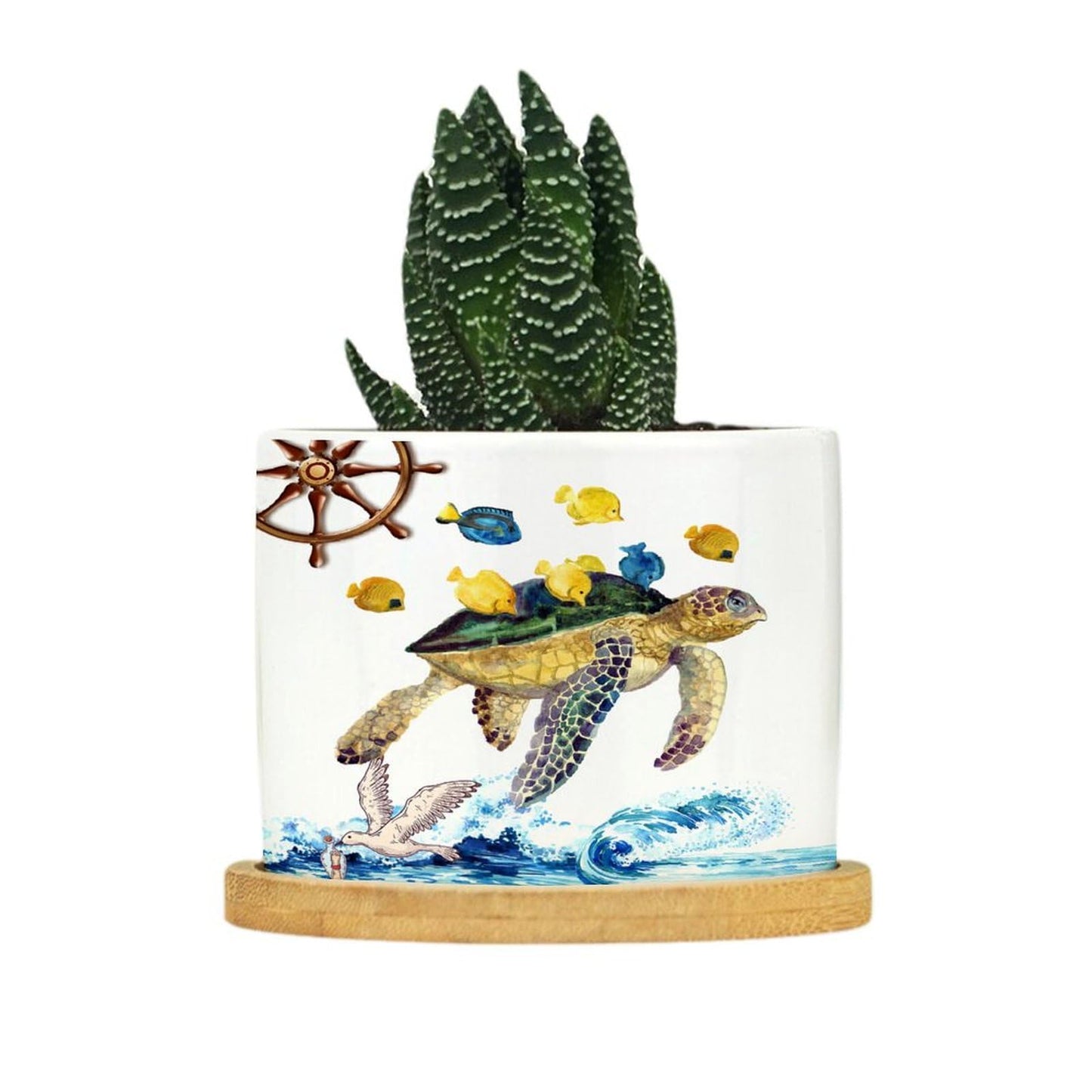 DreamAutumn Ocean Theme Sea Turtle Ceramic Pots for Plants with Drainage Holes Round Flower Pot Bamboo Tray Orchid Pot Succulents Pots for Outdoor Indoor Plants,Housewarming Gifts
