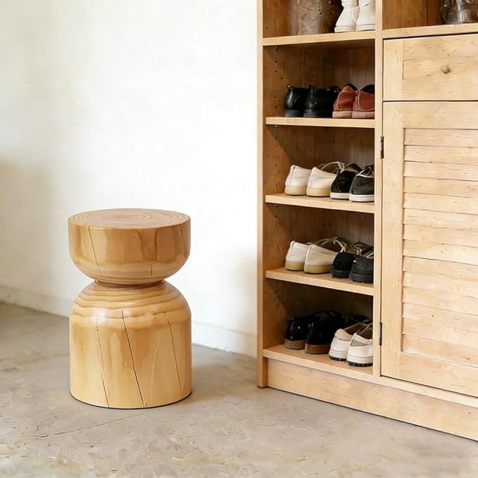 Solid Wood Stool & Sofa Side Table, Rustic Hourglass Wabi-Sabi Accent Coffee