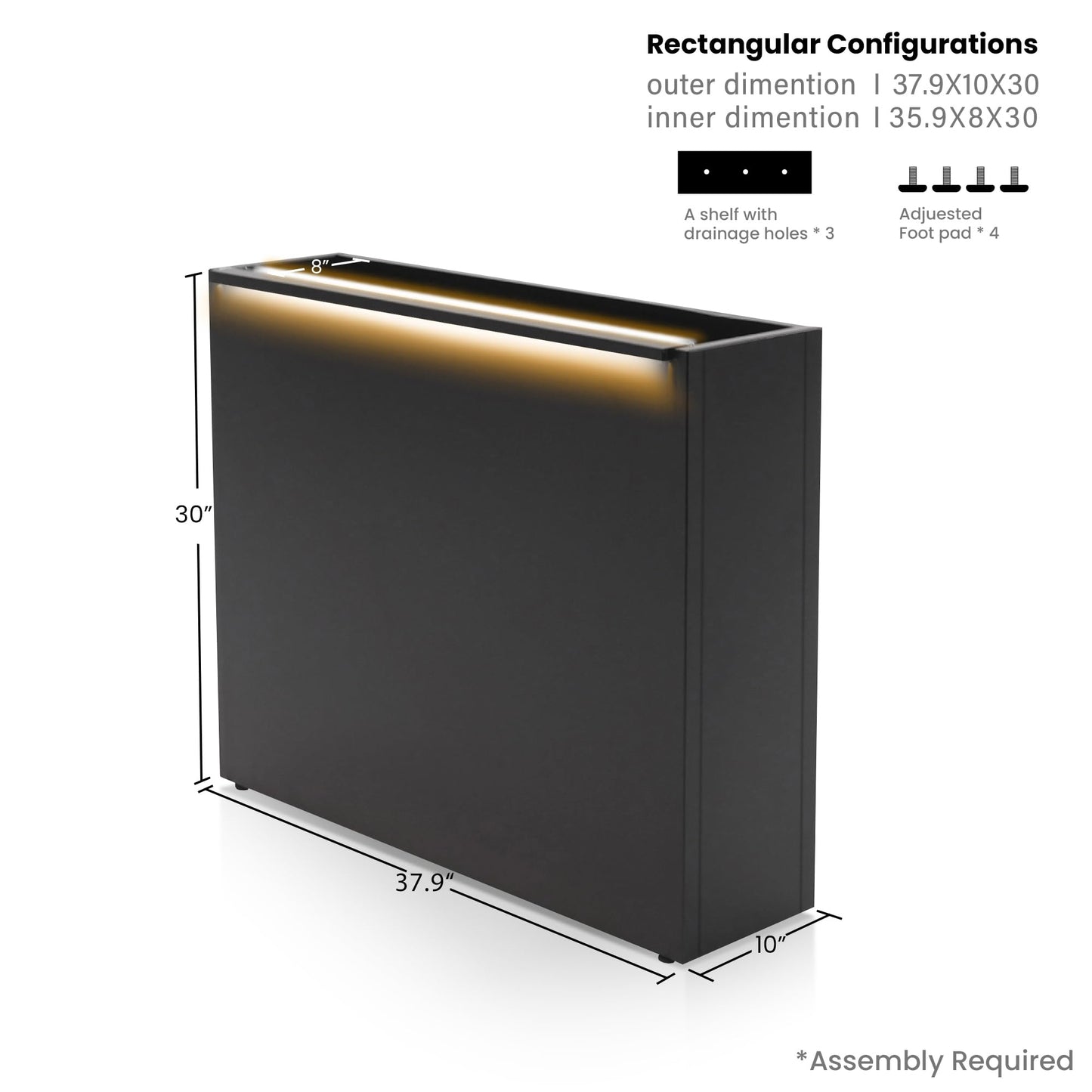 GSK Black Metal Planter Box with LED Light 30"H×10"W×37.9"L Span Rectangular Flower Trough Lighting Up Indoor Rectangle Insert Drainage Holes Garden Plants Outdoor Separation Space Garden Patio Porch