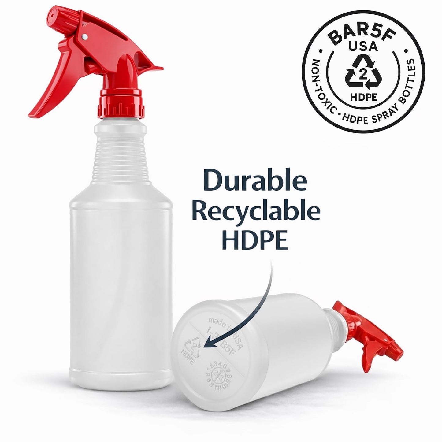 Bar5F Spray Bottles, 16 Oz, 4 Pack, Chemical-Resistant HDPE, BPA-Free, Non-Toxic, Red Trigger Sprayers, Refillable Empty Sprayer Bottle for Cleaning Solutions, Vinegar, Alcohol, Made in USA