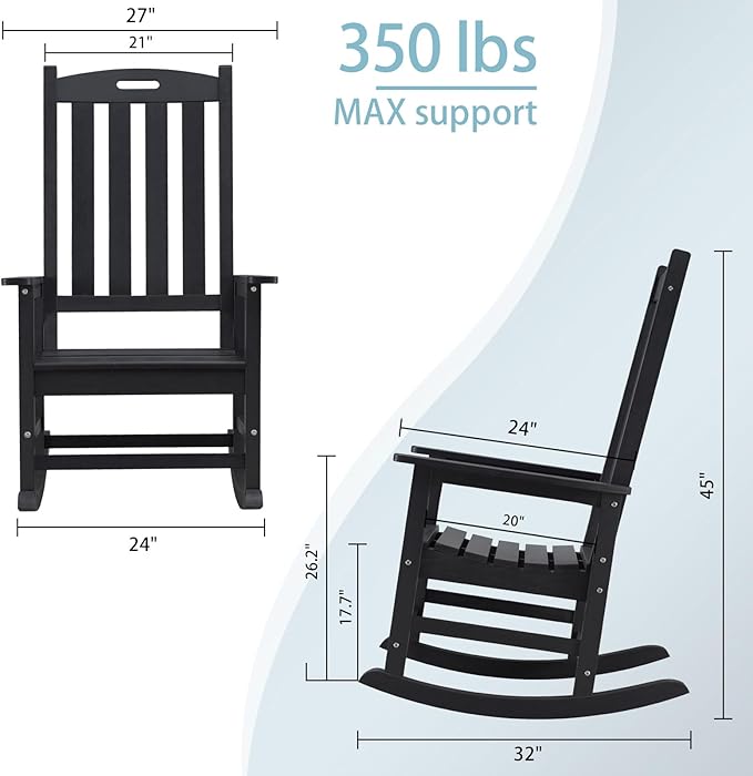 Psilvam Oversized Outdoor Rocking Chair Set of 2, HDPE Porch Rocker Chairs