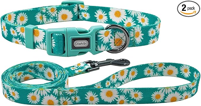 Dog Collar and Leash Set, Cute Daisy Pattern, Polyester Material, 5ft Leash, for Medium Dogs.(Medium,Green Daisy)