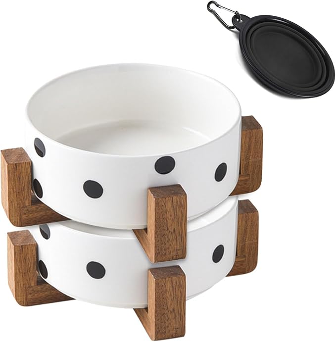 Petygooing Ceramic Dog Bowl Set with Stand,Pet Food and Water Bowl, Anti -Slip Set of 2 Pet Bowls-Dog Food Bowls- Pet Feeder Small Medium Size (28 OZ /3.6 Cups) Black Dot