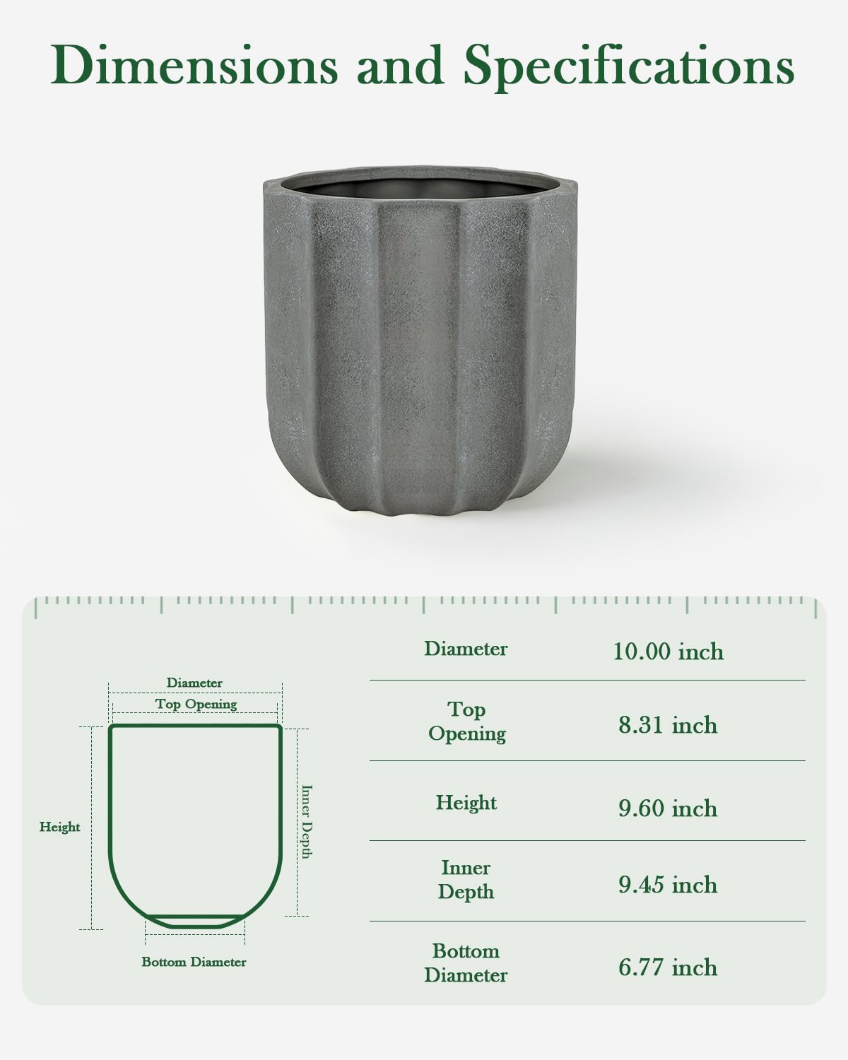 Avyra Velen 10 Inch Plant Pot – Ceramic Planter with Drainage Hole & Removable Drain Plug, Decorative Flower Pot for Indoor Outdoor Plants, Modern Round Large Planter, Grey