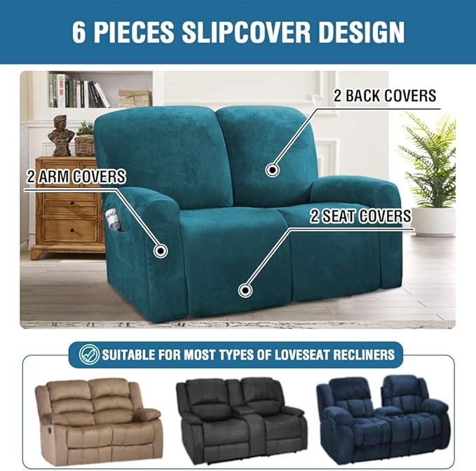 H.VERSAILTEX Velvet Stretch Recliner Couch Covers 6-Pieces Recliner Loveseat