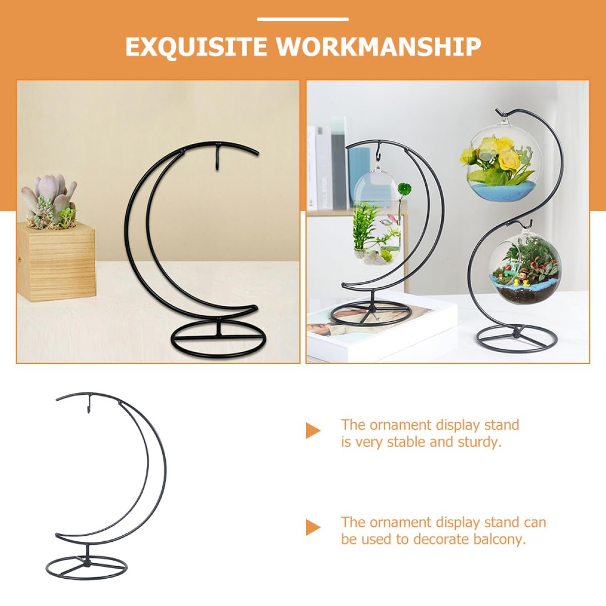 EPIGEIST Moon-shaped Iron Ornament Display Stand for Hanging Terrariums and Plant Pots Compact Desktop Decor Holder with Pendulum Style Contemporary Transparent Globe Display for Home