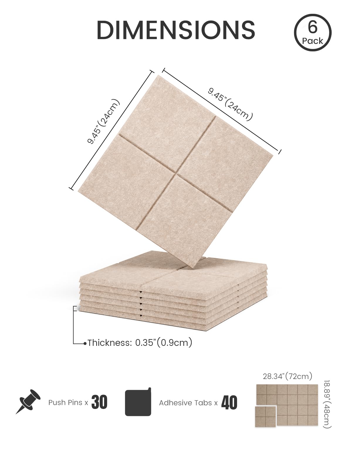 Felt Bulletin Board Tiles -28"x18" Cork Board Alternative for Office Decor, Push Pin Board Wall Organizer 6-Pack - Taupe