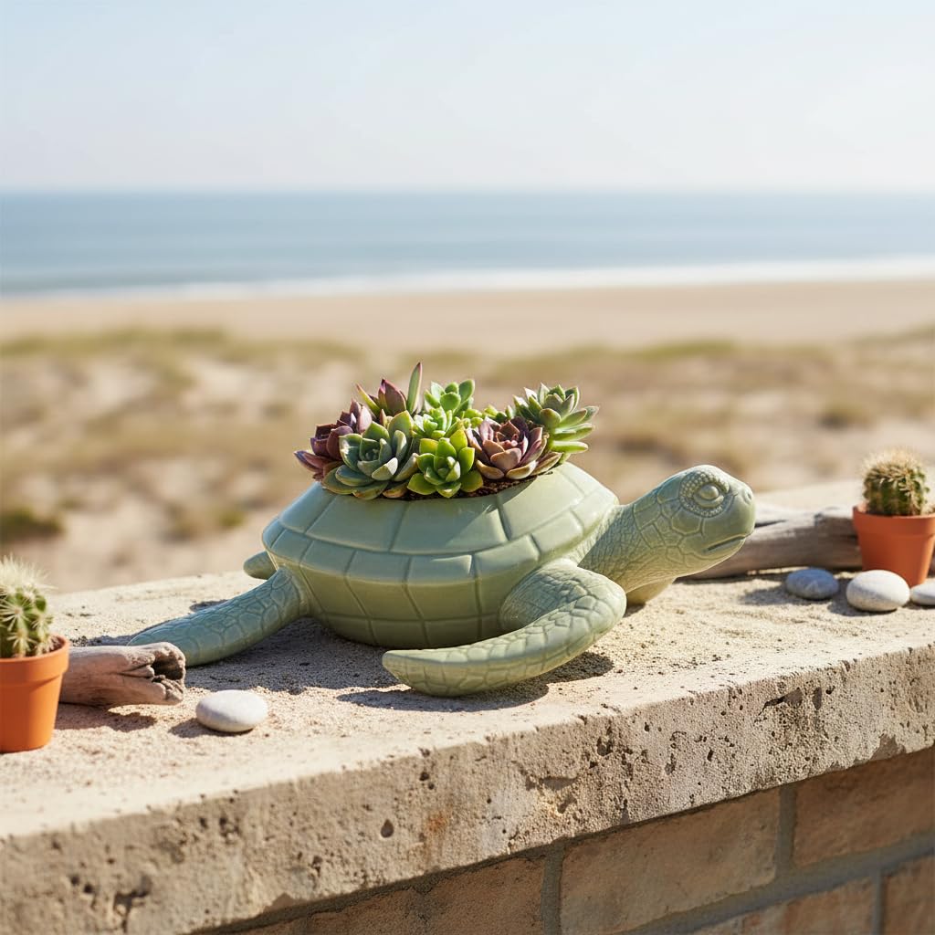Comfy Hour 9" Sea Turtle Succulent Planter, Decorative Ceramic Turtle Flower Pot for Cactus and Small Plants, Ocean Theme Indoor Outdoor Tabletop Display, Palegreen Dolomite, 1 Unit