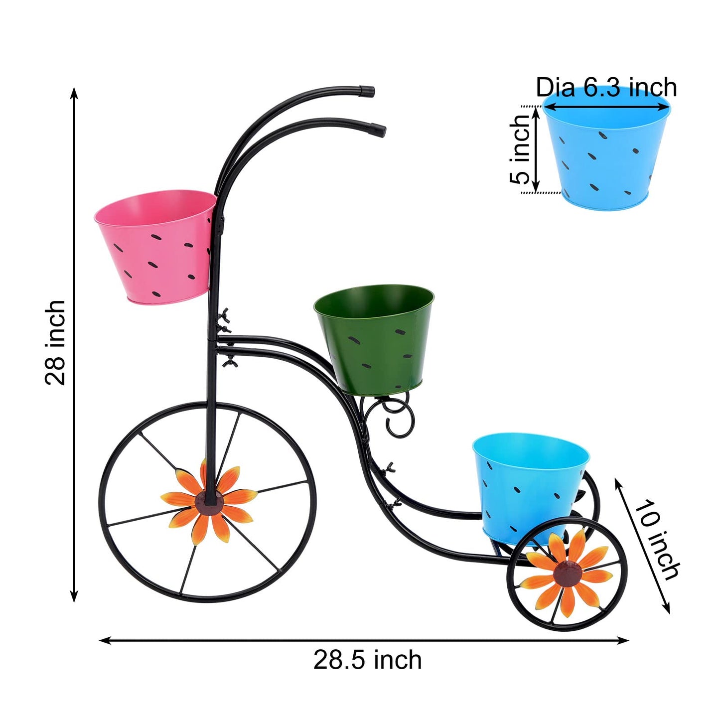 LEWIS&WAYNE Metal Tricycle Planter, 3 Tier Floral Flower Plant Stand Holder Hand Painted Outdoor Garden Patio Decor