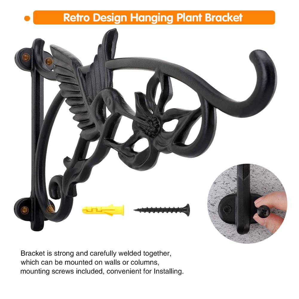 KABB Heavy Duty Hanging Brackets, 2pcs 13" Hand Forged Cast Iron Wall Mount Bracket Durable Rust-Resistant Hummingbird Hanger Hook for Hanging Bird Feeder Lantern Wind Chimes