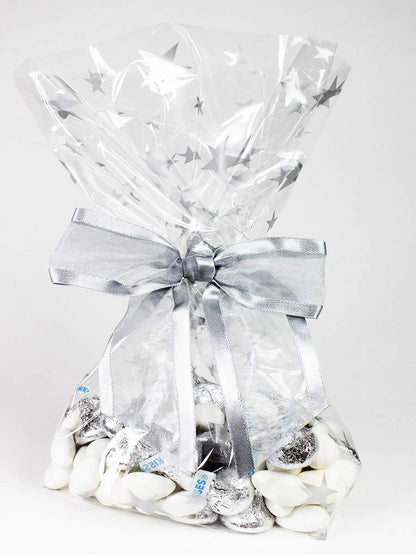 Saybrook Products Silver Stars Christmas Holiday Hanukkah Cellophane Treat Party Favor Bags with Twist-Tie Organza Bow. Set of 10 Ready-to-Use, Gussetted 11x5x3 Goodie Bags with Silver Metallic Bows.