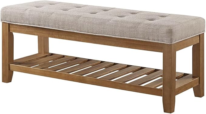 24KF Large Rectangular Upholstered Tufted Linen Fabric Ottoman Bench, Padded