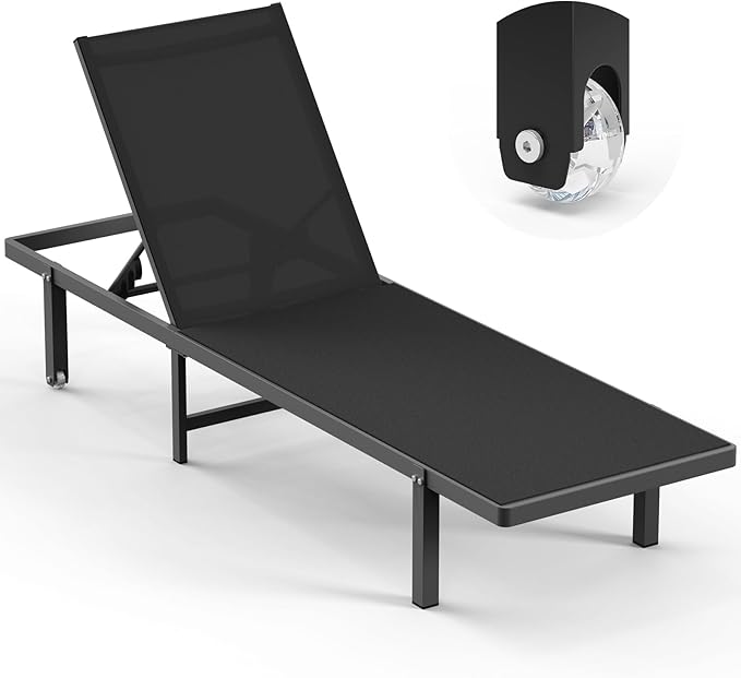 Lounge Chair Outdoor with Wheels, Aluminum Patio Chaise Lounge Chair with 5