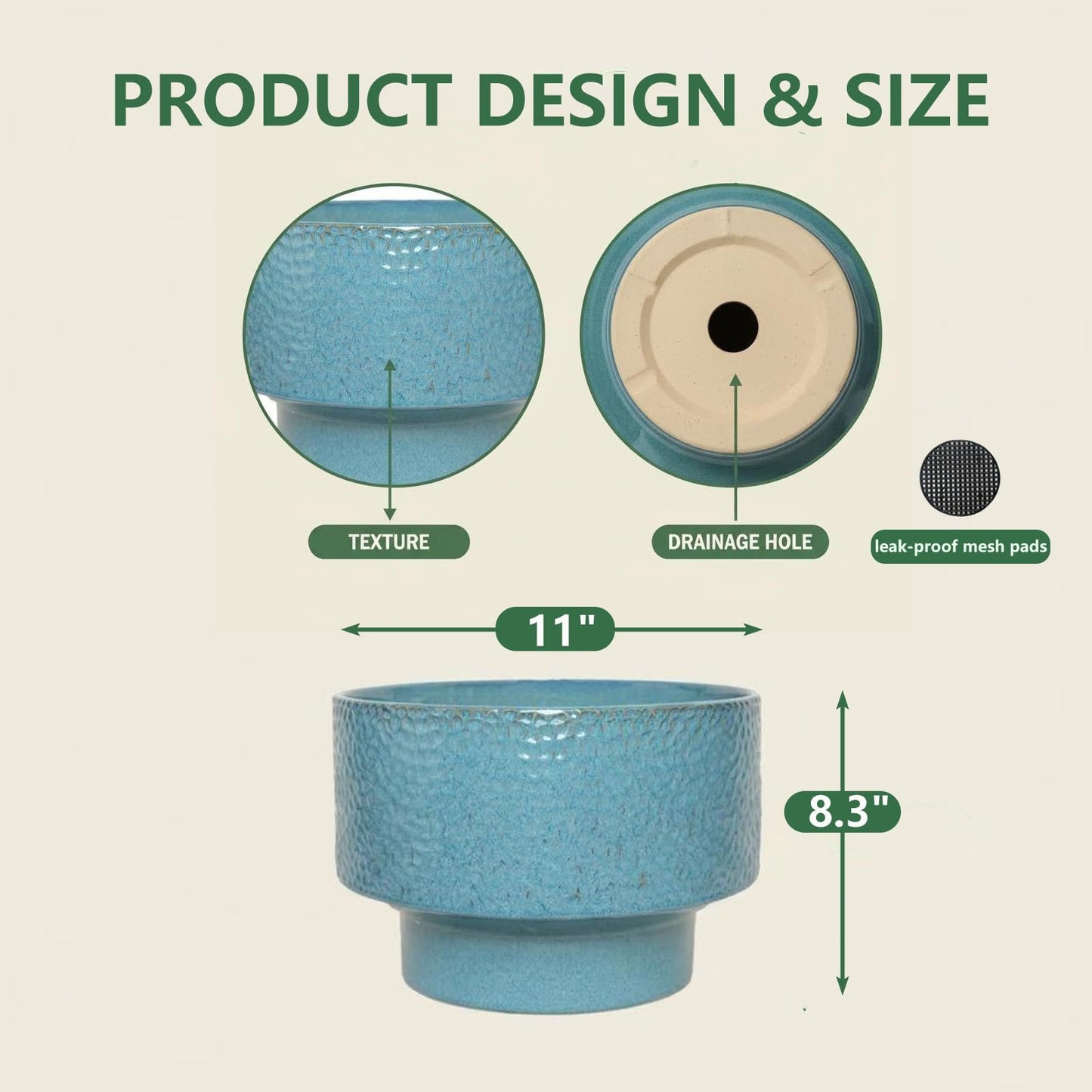 Fzfeiyy Ceramic Planters 11 Inch, Honeycomb Ceramic Pots for Plants Indoor Outdoor, Round Plant Pot with Drainage Hole, Large Planter Flower Pot, Reactive Glaze Blue