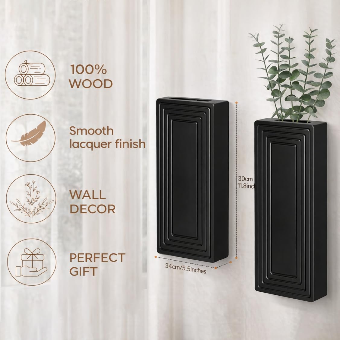 FancyPlus Wooden Wall Planter Vase,2 Pack Hanging Planter for Indoor Fake Plants Modern Boho Farmhouse Wall Art Decor for Home Indoor Kitchen Modern Farmhouse Bathroom Living Room Dining Room(Black)