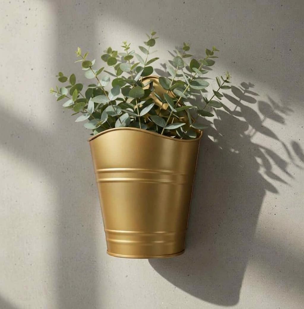 Hosley Set of 2 Gold Wall Planter with PVC Linner 6.25" L x 4" W x 10" H, Ideal Gift for Floral Arrangements Wedding Home Office Party DIY Indoor Outdoor Garden Patio