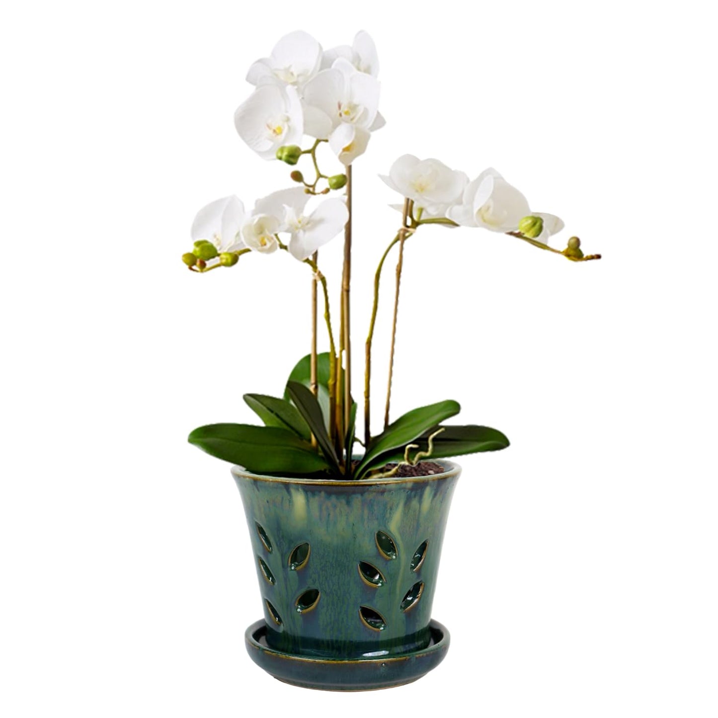 vensovo 5.5 Inch Ceramic Orchid Pot - Orchid Pot with Holes for Repotting, Ceramic Planter with Saucer for Indoor/Outdoor Plants, Green