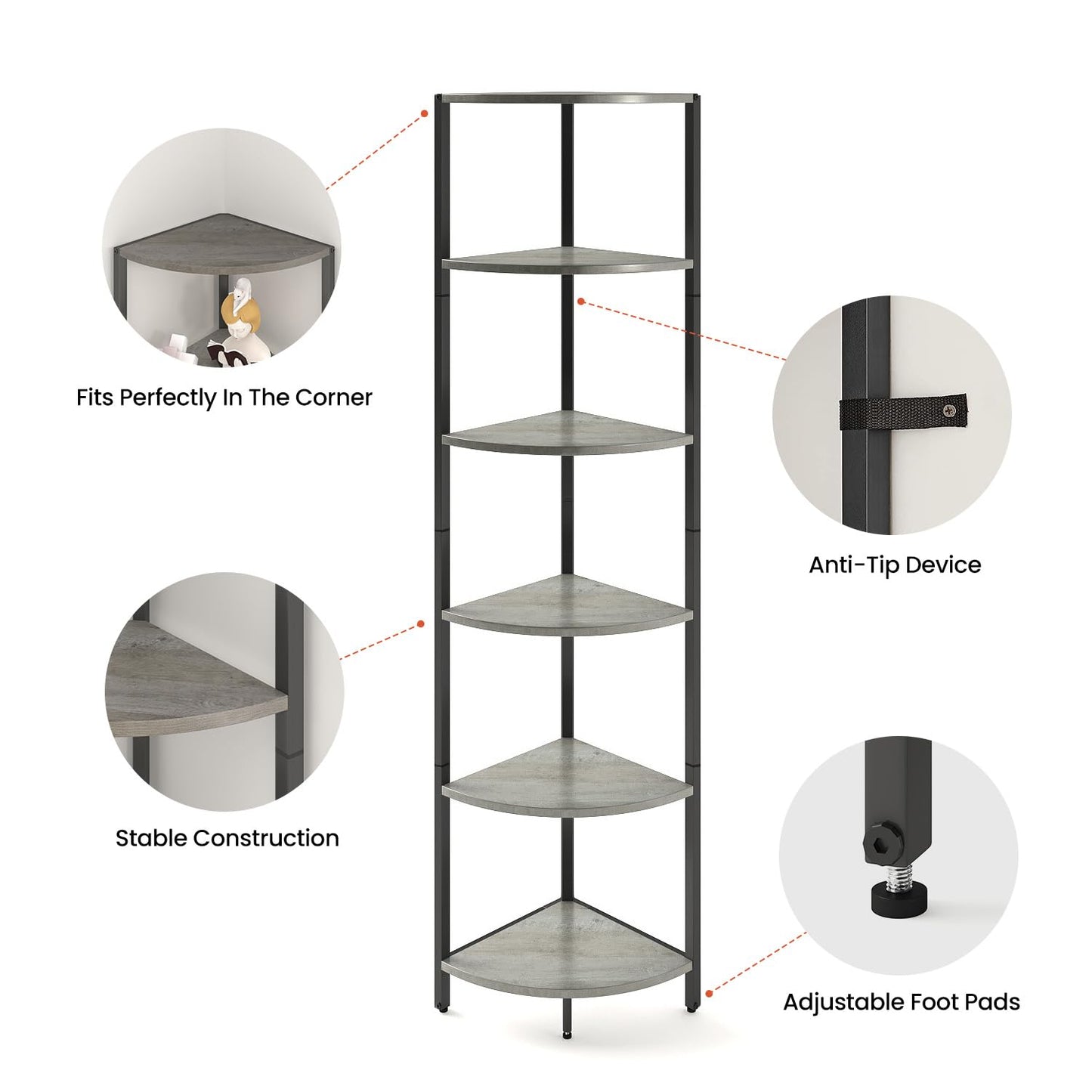 IRCPEN 6 Tier Corner Shelf 63.1" Tall Corner Shelves Stand Ladder Shelf Metal Standing Bookshelf Organizer Display Rack Bookcase Plant Stand Industrial Rustic for Living Room Bedroom Oak CS-001GR