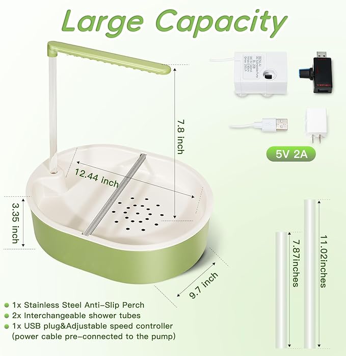 Automatic Parakeet Bird Bath for Cage Large Parrot Shower Bath with Adjustable Water Flow Bird Shower Fountain Indoor Bathtub Stainless Perch Bird Cage Accessory for Birds Cockatiel Conure Budgie