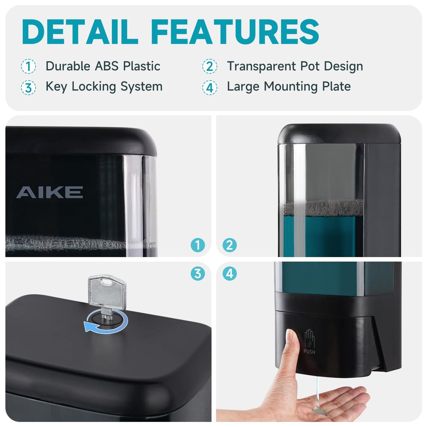 AIKE Wall Mount Liquid Soap Dispenser for Commercial Bathrooms,Offices,Restaurants 40 oz Large Capacity AK1007,Black