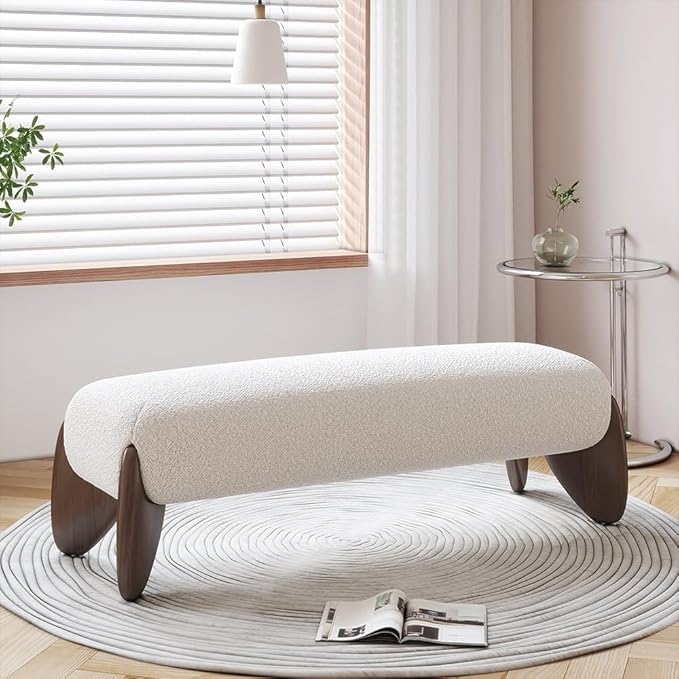 homary Curva Modern White Boucle King Size Platform Bed Set & Bedroom Bench