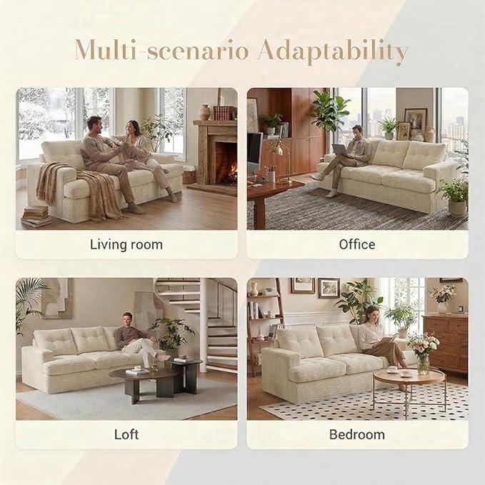 85" Corduroy 3 Seater Sofa in a Box, High-Density Foam Couch, No Assembly