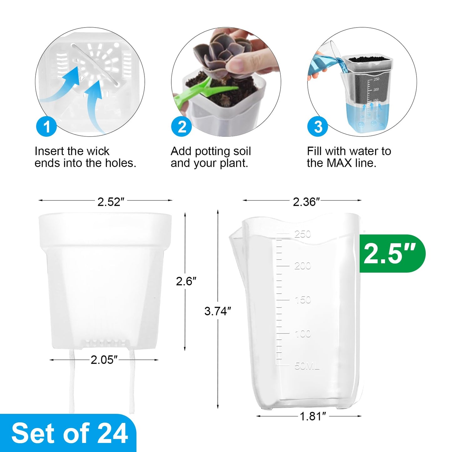 ZPAIO 24 Pack 2.5" Small Self Watering Pots for Indoor Plants, Clear Plant Pots with Drainage & Water Level, Semi Hydroponic Pots for Propagation, African Violet, Cutting and Succulents