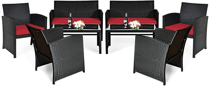 Tangkula Patio Wicker Conversation Furniture Set, Patiojoy Sofa & Table Set w/4
