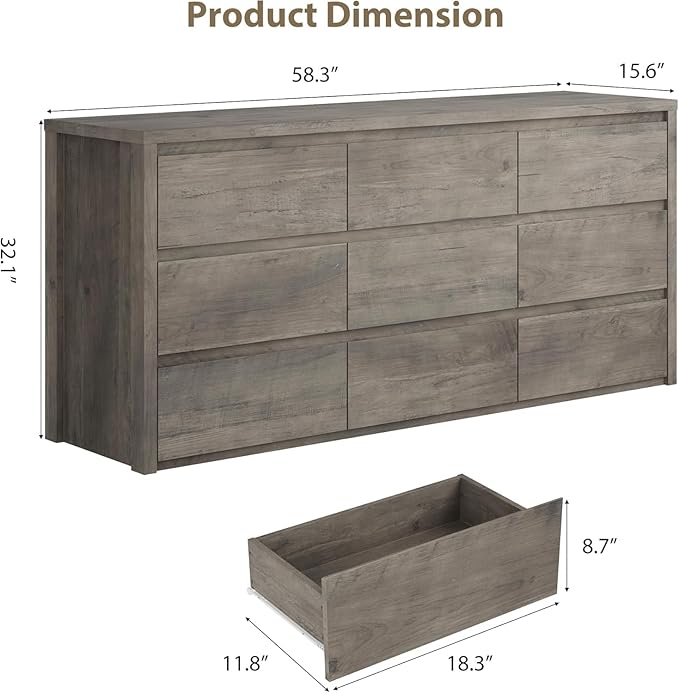 GarveeHome 9 Drawer Dresser for Bedroom, Wide Modern Chest of Drawers, Large