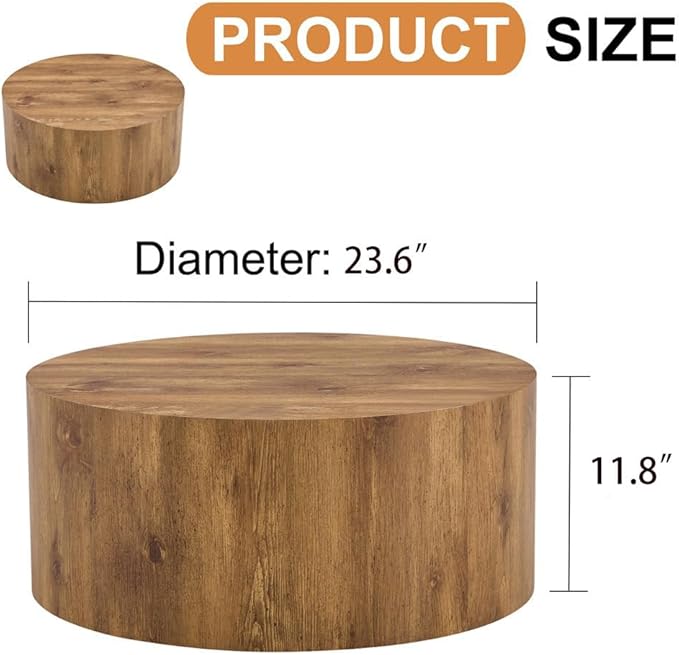 Round Coffee Table, 23.6" Modern Wood Drum Coffee Table, Round Accent Center