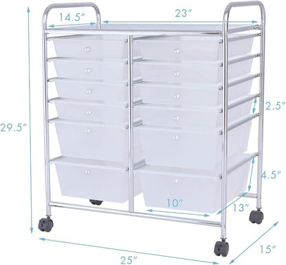 LDAILY 12 Drawer Rolling Storage Cart, Craft Cart Organizer on Wheels w/Metal Frame, Large Capacity & Smooth Drawer, Rolling Cart w/Drawers for Classroom, Office