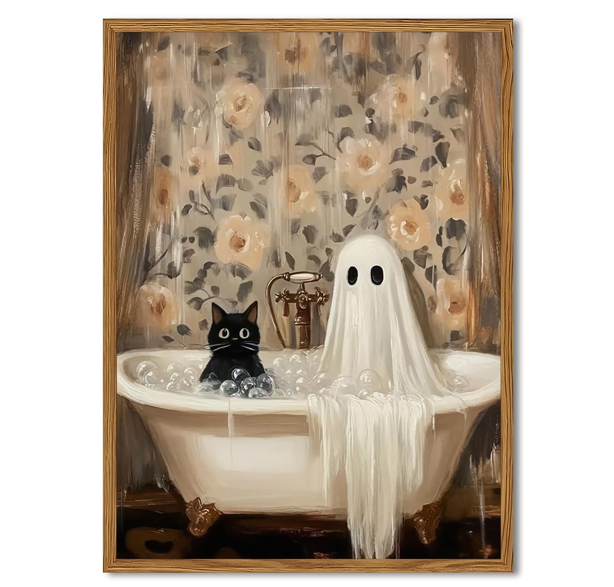 Framed Halloween Ghost Bathroom Canvas Wall Art, Funny Cute Ghost and Black Cat in Bathtub Pictures Wall Decor, Gothic Dark Academia Paintings Prints Spooky Home Decor for Restroom 12x16 inch