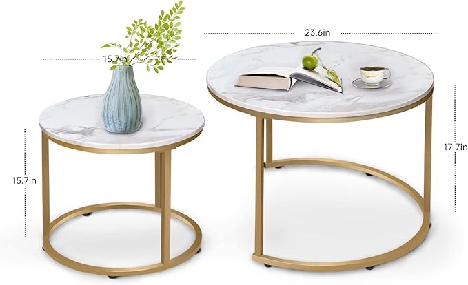 aboxoo Coffee Table Nesting White Set of 2 Side Set Golden Frame Circular Round