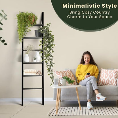 Decorative Foldable Wooden Blanket Ladder with Hooks, 6-Tier Pine Wood Quilt Ladder 68" — Easy Assembly, Anti-Slip, Farmhouse Decor Rack Stand for Living Room, Bedroom Bathroom (Black)