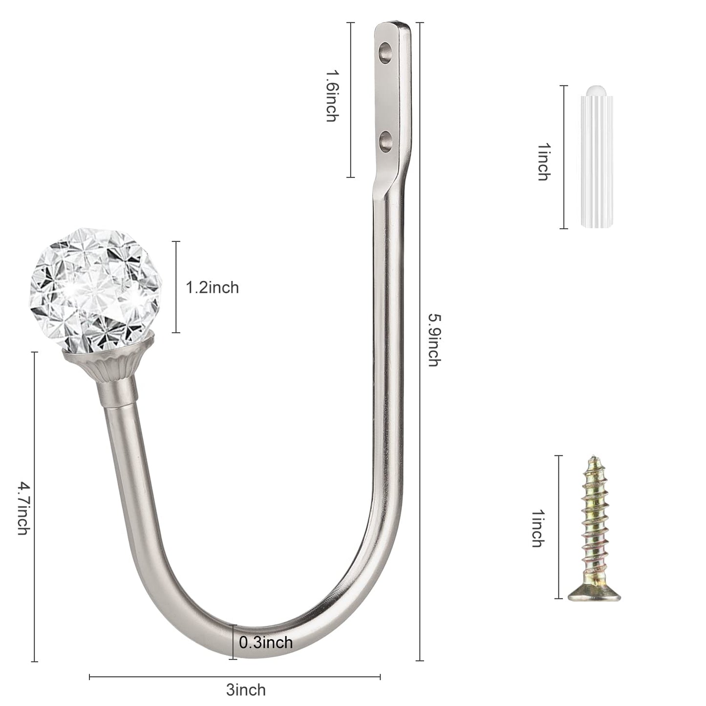 gobutend Curtain Holdbacks, 4 pcs Curtain Tiebacks Hooks for Drapes with Clear Crystal Ball, Wall Mounted Window Curtain Holder for Home Decor, Silver