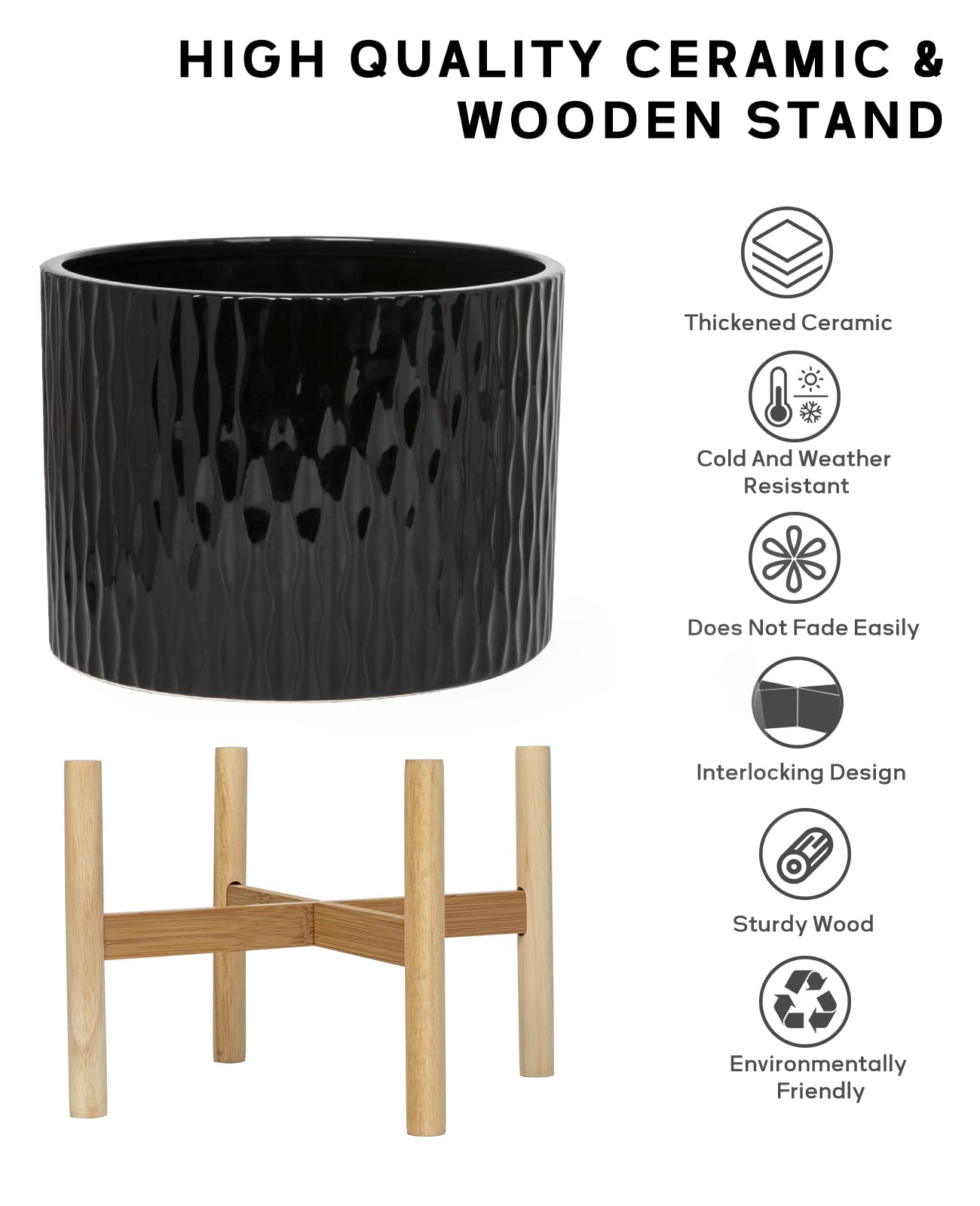 LaDoVita Ceramic Plant Pot with Stand, 10 Inch Planter with Wood Shelf, Modern Round Flower Pots Indoor with Wood Planter Holder, Black Water Ripple Pattern