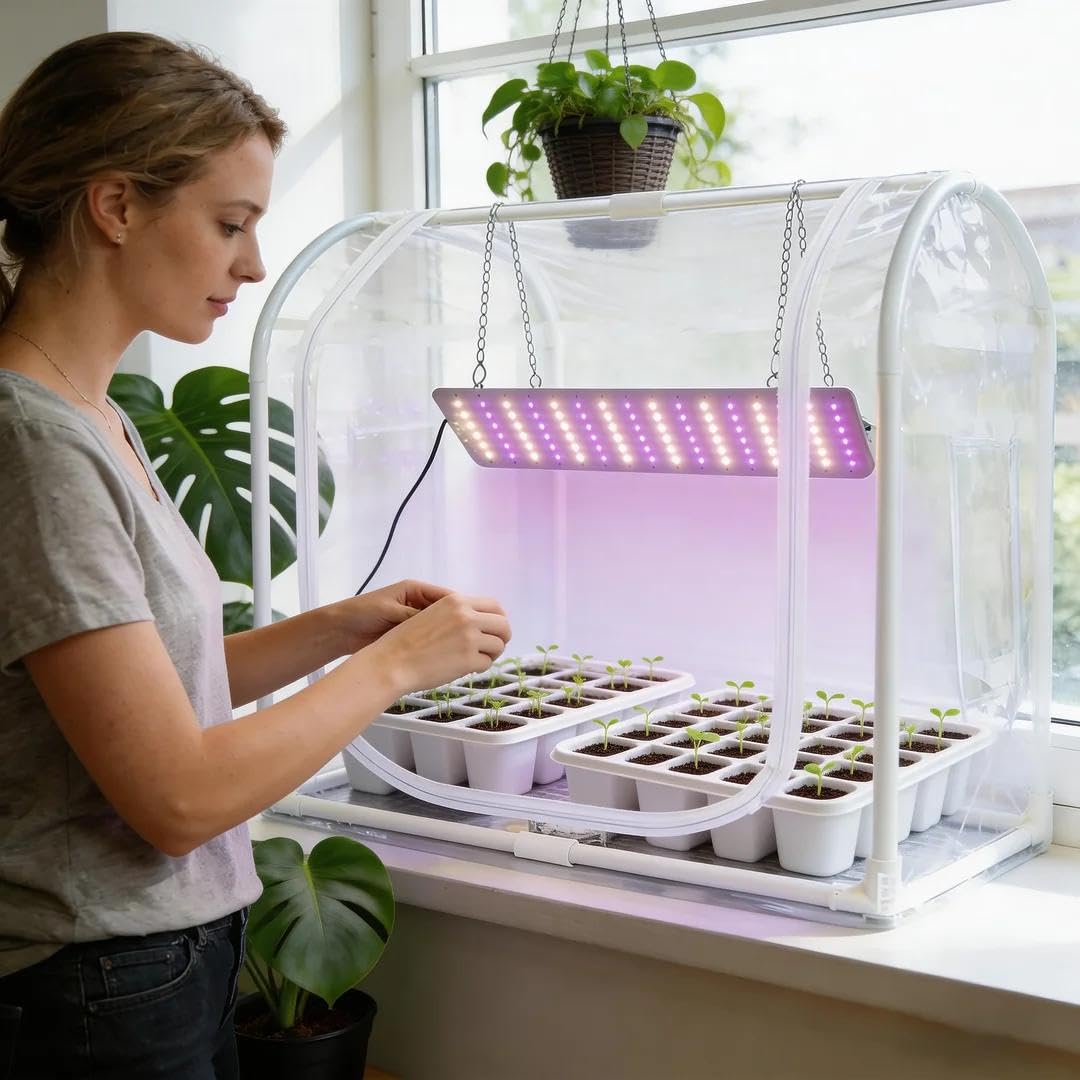 Mini Greenhouse with Grow Light for INDOOR OUTDOOR, Metal Fram Tabletop GreenHouse with Waterproof Mat, 3/9/12H Timer & Dimming Function for Seed Starting, Mushroom Cultivation(23.6"L x 15.7"Wx 19.5")