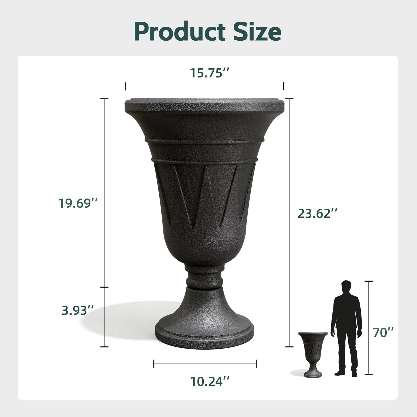 Trygoal 23.6" Tall Plastic Urn Planters for Outdoor Plants, Set of 2 Heavy-Duty Classic Indoor Large Flower Pots with Drainage Holes & Trophy Design, Outdoor Planters for Porch, Home Garden, Black