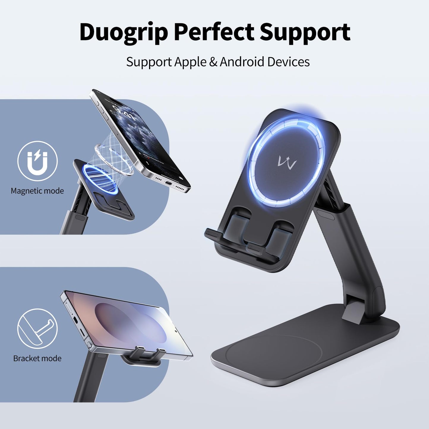 iWALK Magnetic Cell Phone Stand for Desk, Angle and Height Adjustable Mobile Phone Holder, Foldable Magnet Stand for iPhone 17 16 15 14 13 12 Pro Max and iPad, Cell Phone Holder for Samsung, Black