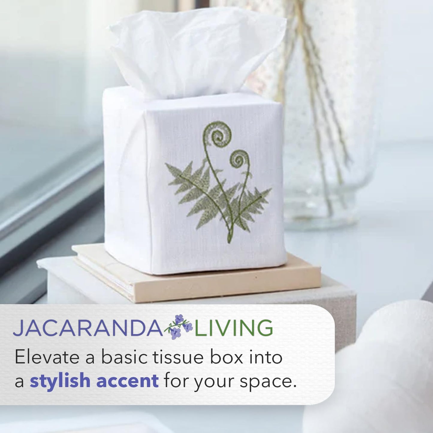 Jacaranda Living Square Tissue Box Cover, Linen/Cotton Fabric Tissue Holder, Decorative Cloth Tissue Cube Cover, Animal Designs Feathered Peacock (Turquoise, Pewter)