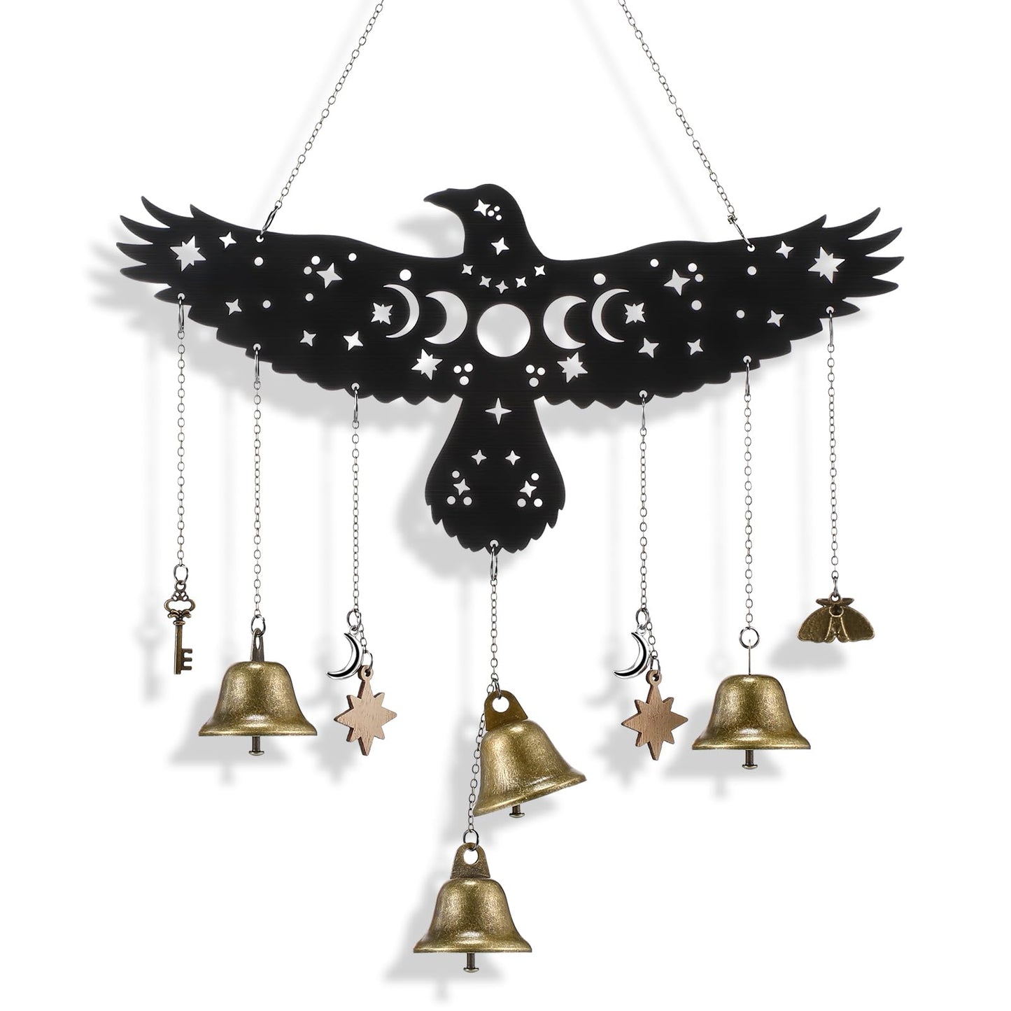 Sliner Raven Witch Bells Wall Hanging Witchy Moon Phase Decor Celestial Gothic Pagan Christmas Halloween Yule Savannah Winter Solstice Spiritual Protection Decor for Home Altar House Warming Gift