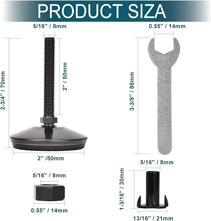 8 Set M8 Leveling Feet with 4-Pronged T Nut, Adjustable Leg Levelers Heavy Duty