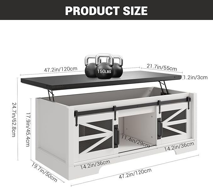 47.2" Lift Top Coffee Table, Hidden Storage Compartment, Lifting Tabletop
