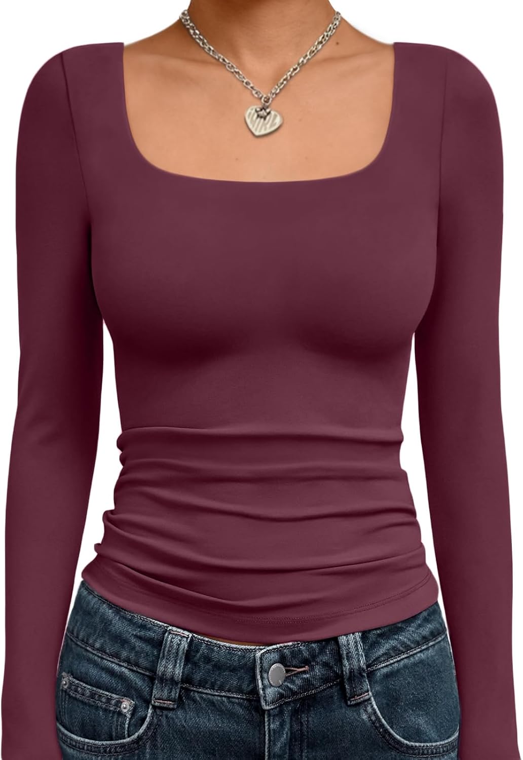 Trendy Queen Womens Long Sleeve Shirts Crop Tops Fall Fashion 2025 Square Neck Going Out Basics Tees Y2k Clothes