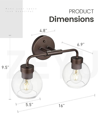 zeyu 2-Light Bathroom Vanity Lights Over Mirror, Farmhouse Globe Bathroom Light Fixtures with Clear Glass Shade, Oil Rubbed Bronze Finish, ZS62BG-2W ORB